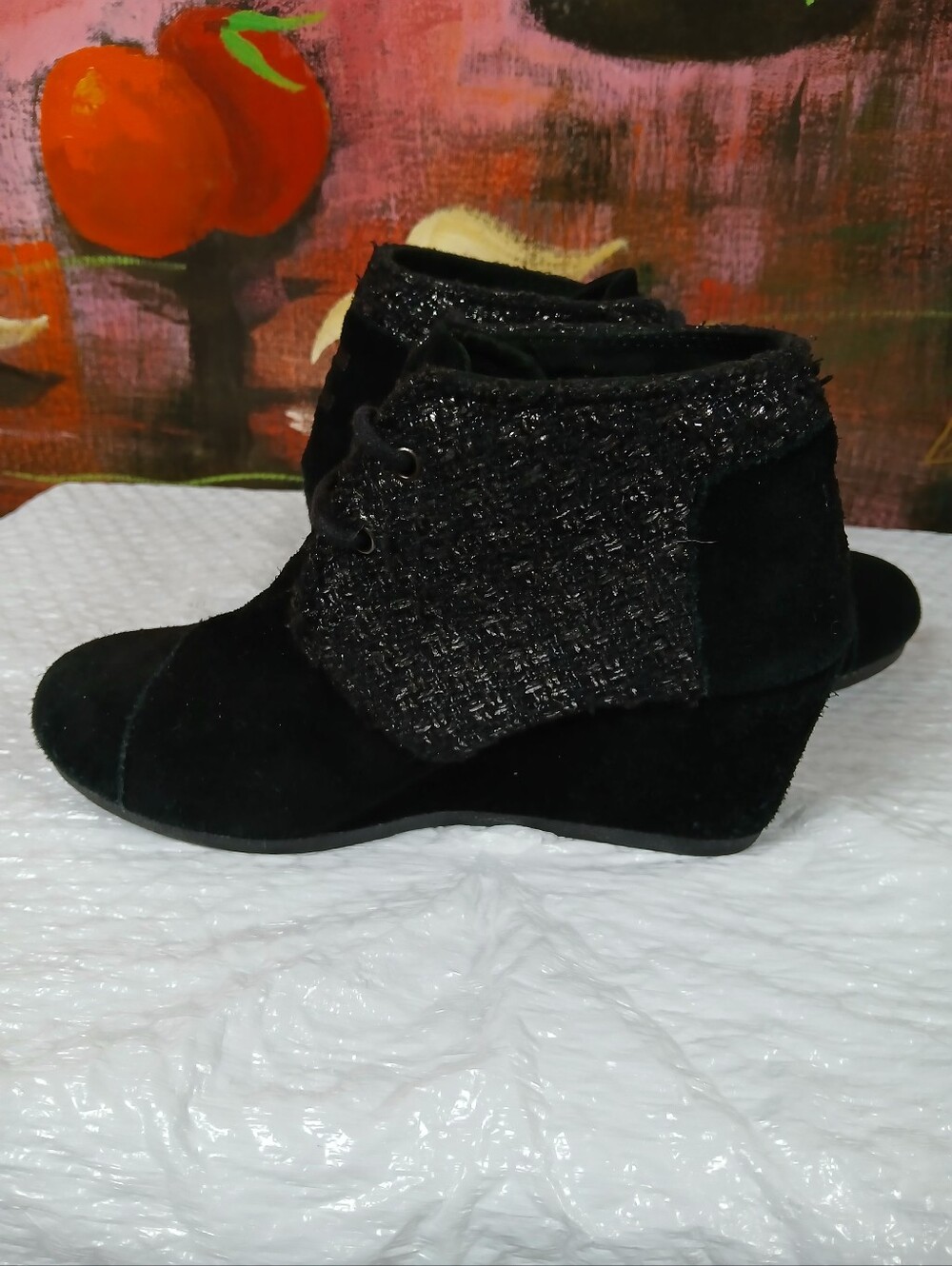 TOMS Desert Black Suede Metallic Knit Accent Wedge Booties 6